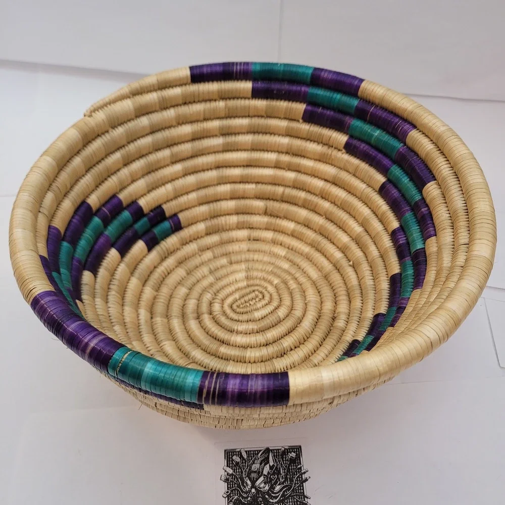 Woven Basket Bowl Home Decor Purple Teal Tan Handcrafted Coiled 9in Weave